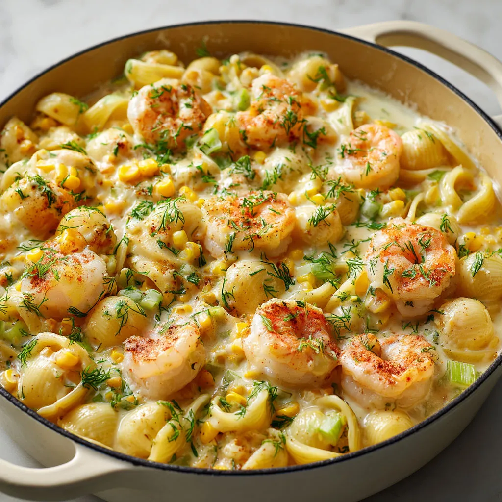 Pâtes crémeuses façon chaudrée aux crevettes et maïs, super gourmandes et douillettes.