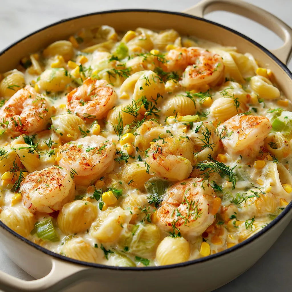 Coquilles enrobées de sauce crémeuse au bouillon et lait, avec légumes fondants, crevettes et aneth frais.
