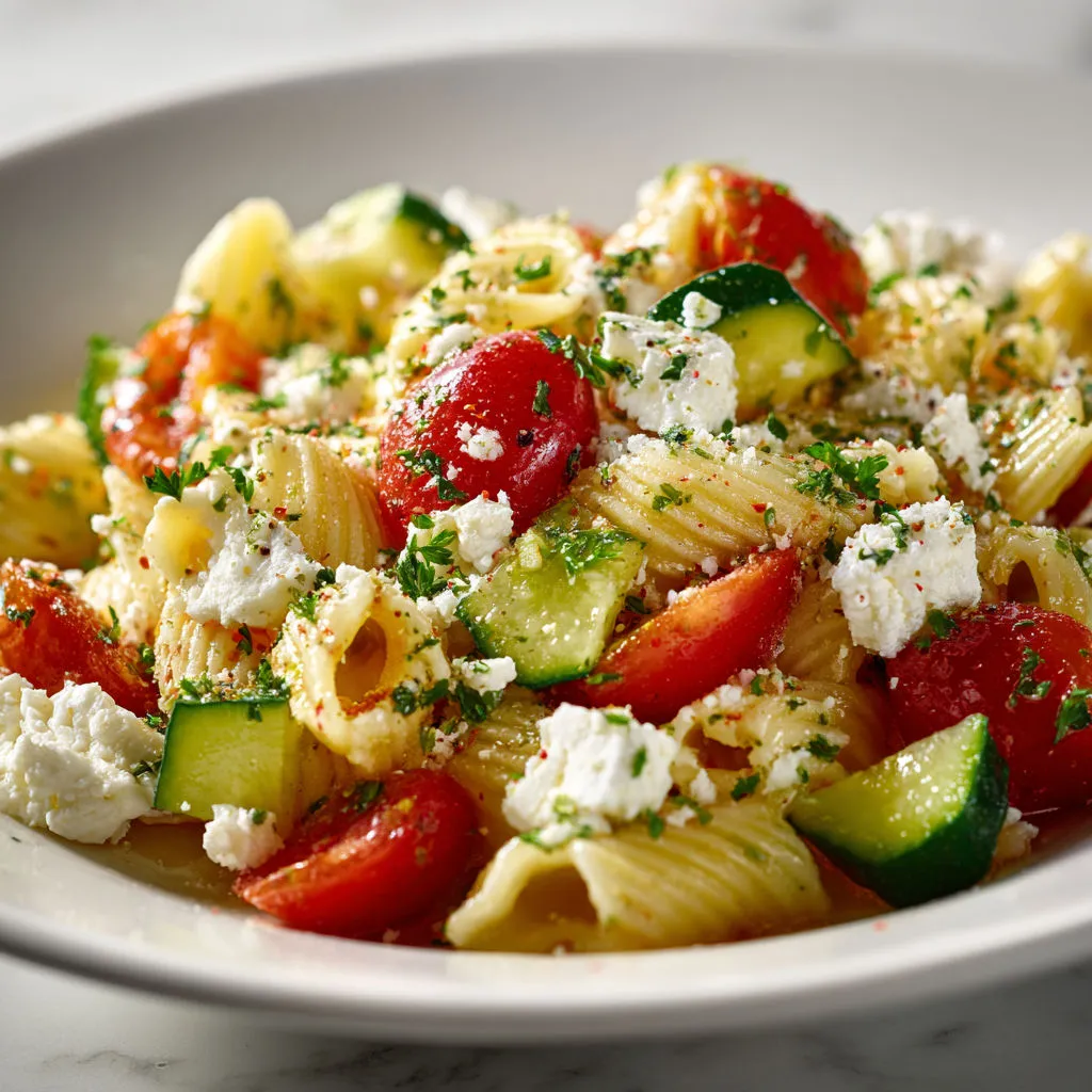 Salade de pâtes colorée à la féta et légumes croquants, super fraîche.