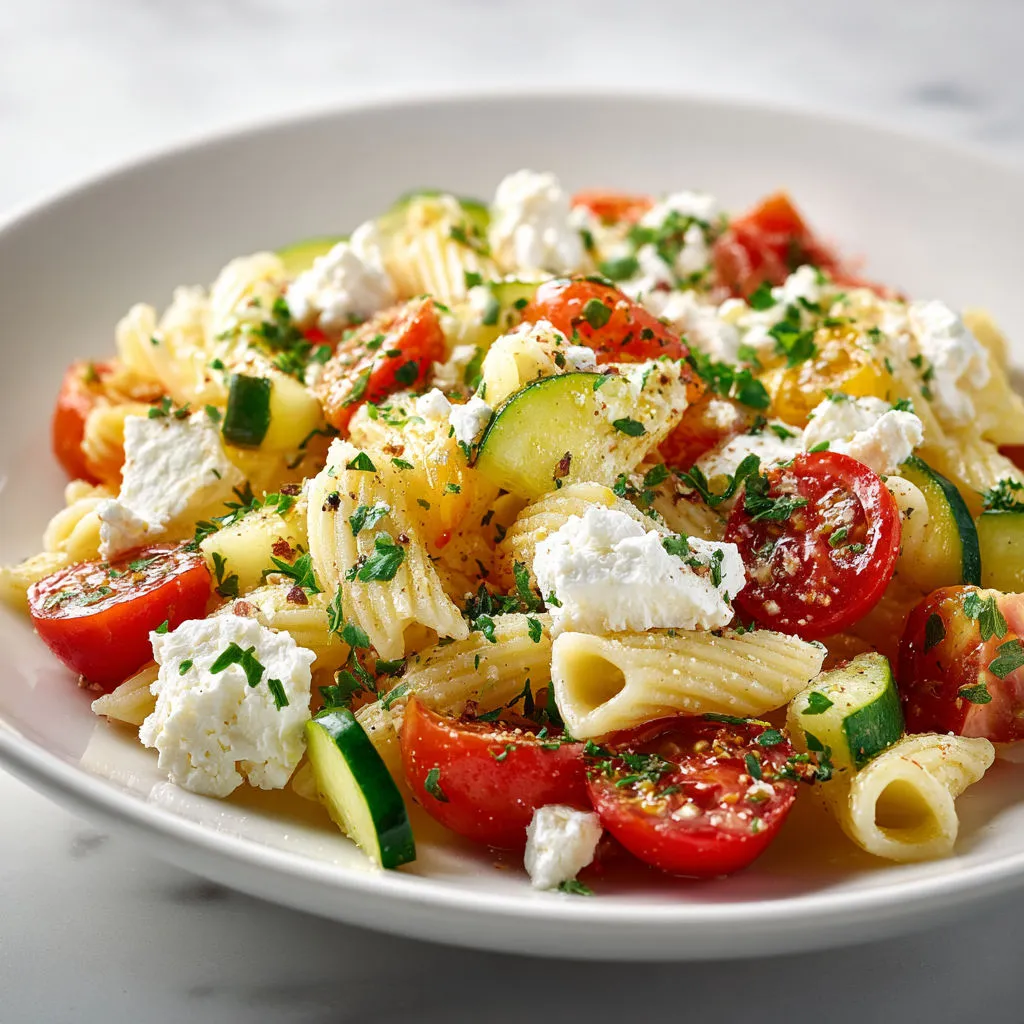 Pâtes froides colorées avec tomates cerises, concombre et féta.