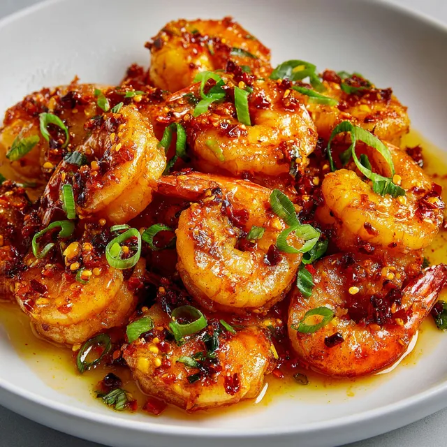 Un plat de crevettes au chili crisp croustillantes.