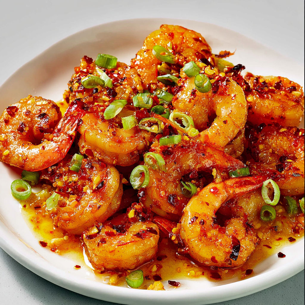 Crevettes dorées à la poêle avec chili pimenté, oignons verts et riz à côté.