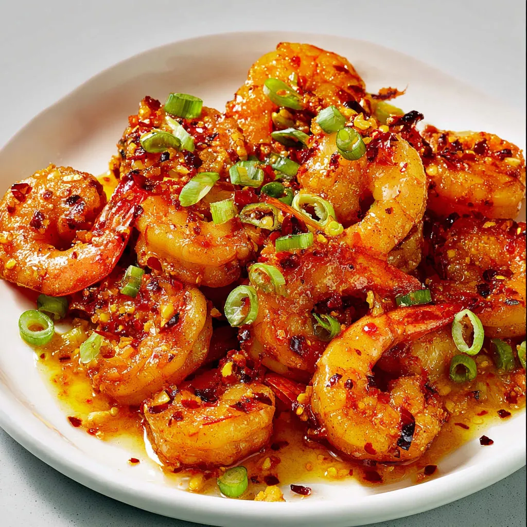 Crevettes dorées à la poêle avec chili pimenté, oignons verts et riz à côté.