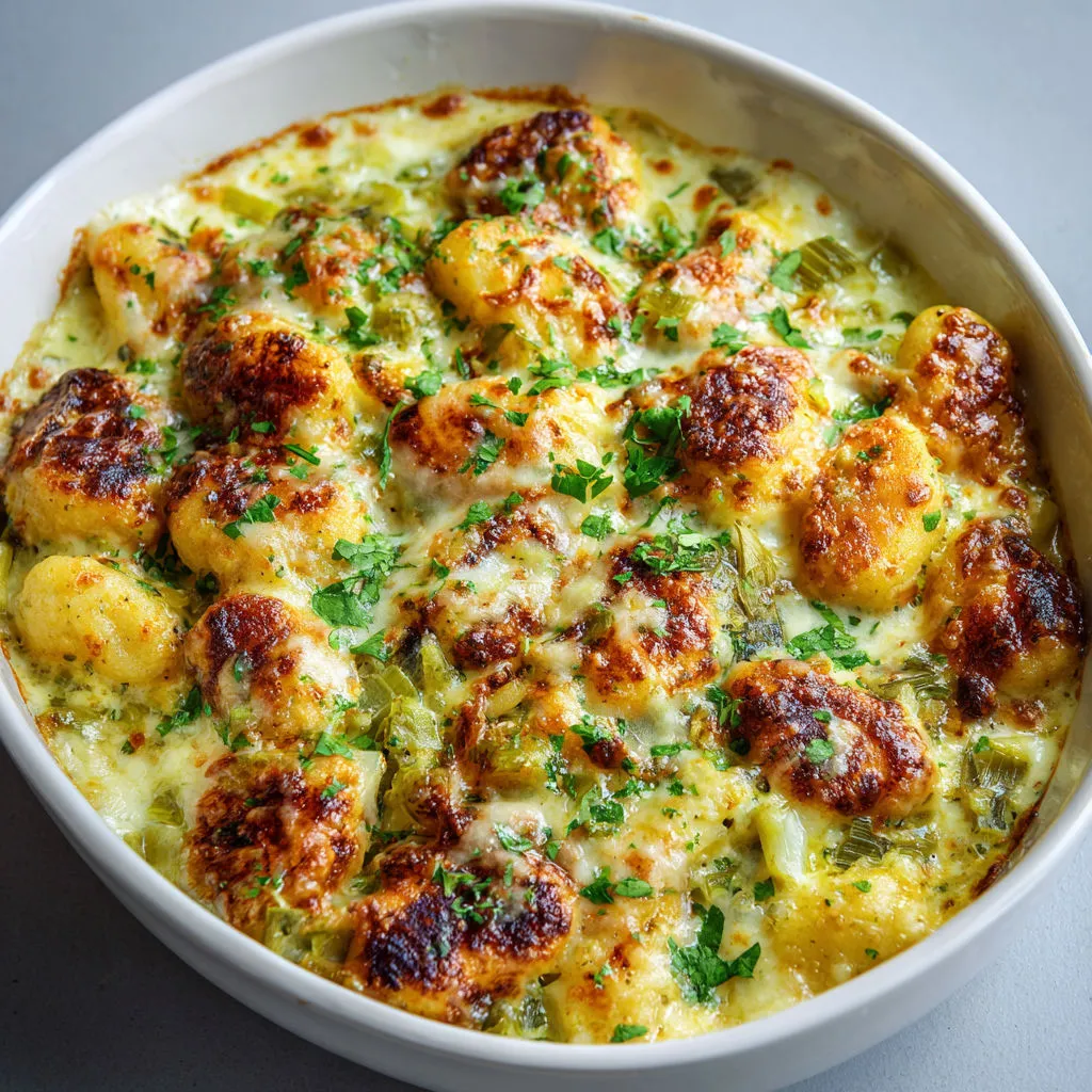 Gnocchi fondants gratinés au four avec des poireaux moelleux et une sauce crémeuse au curry