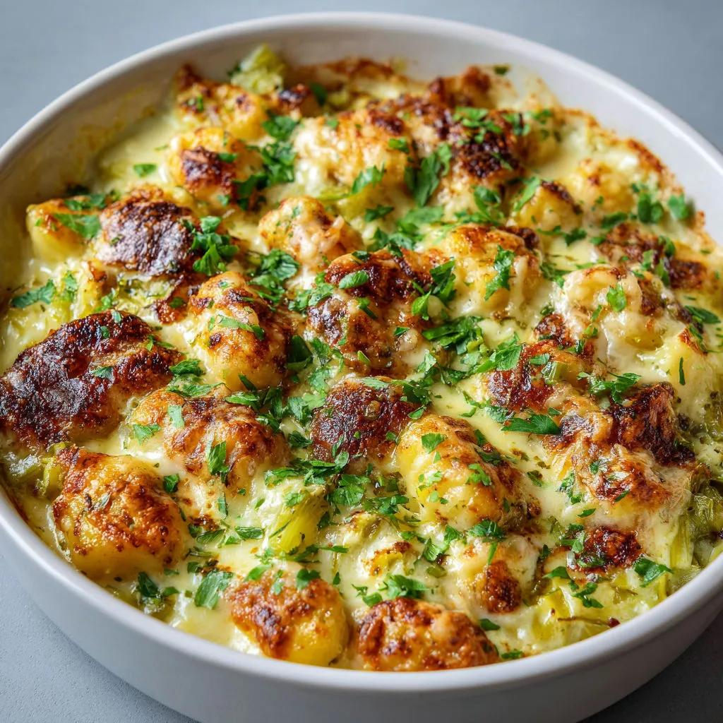 Gnocchis gratinés ultra fondants, baignés dans une sauce crémeuse aux poireaux et fromage.