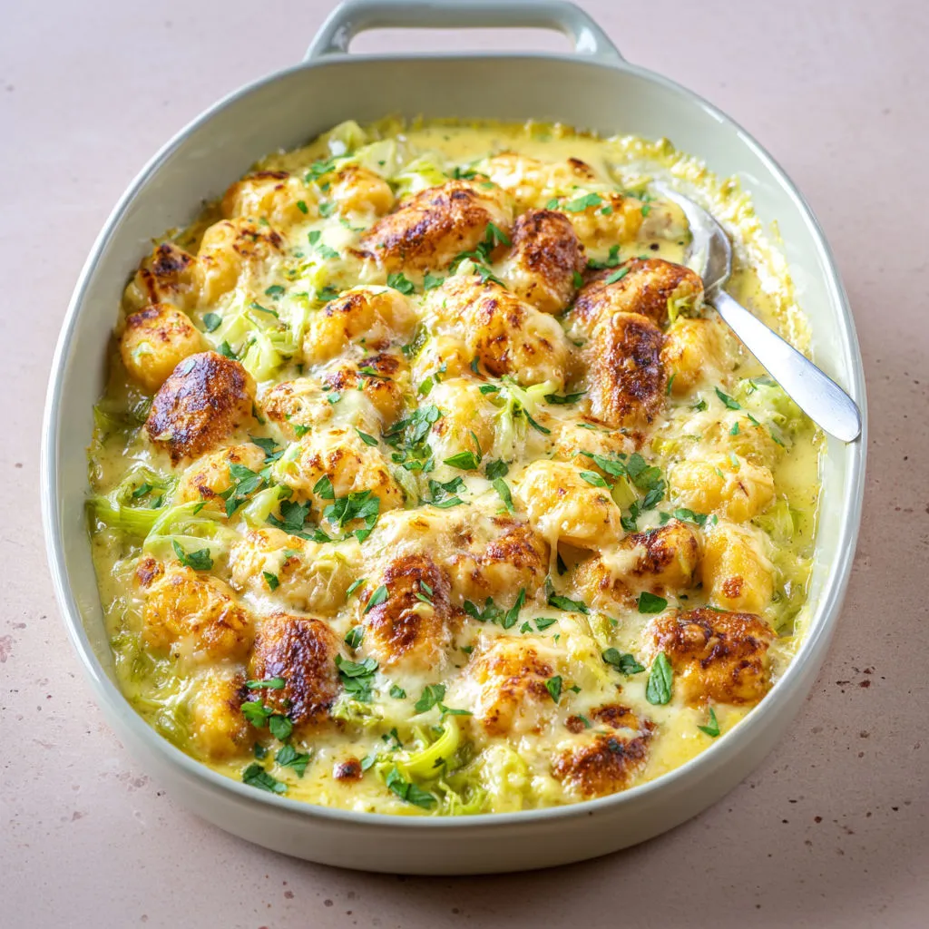 Gnocchis dorés, sauce crémeuse aux poireaux et fromage fondu, avec une touche de curry et moutarde.