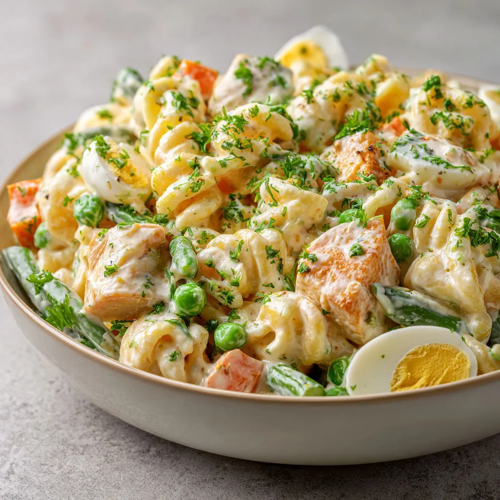 Plat de pâtes gourmand avec poulet et crudités, facile, onctueux, parfait à préparer en avance.