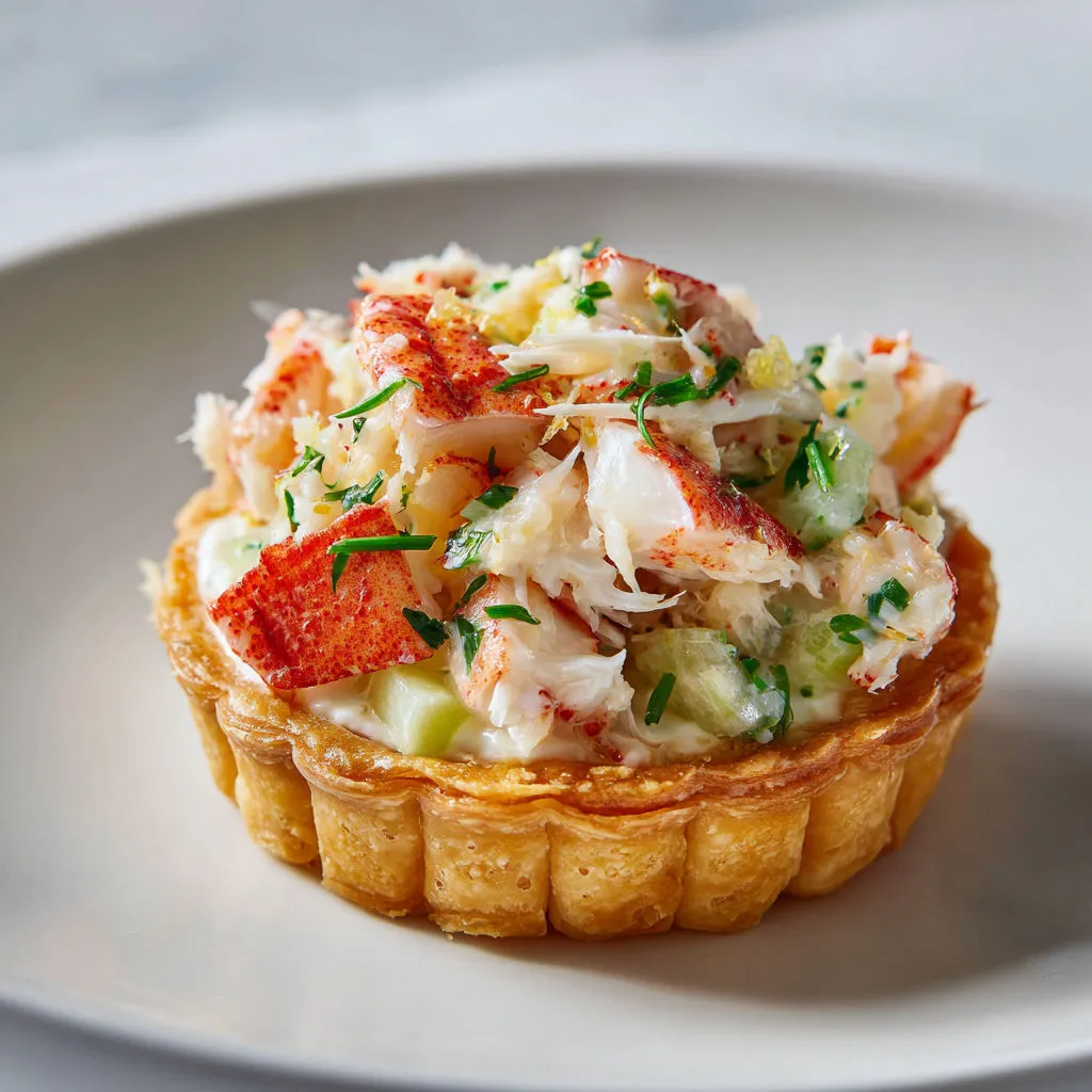 Une tartelette dorée garnie de crabe et poireau posée sur un plat élégant.