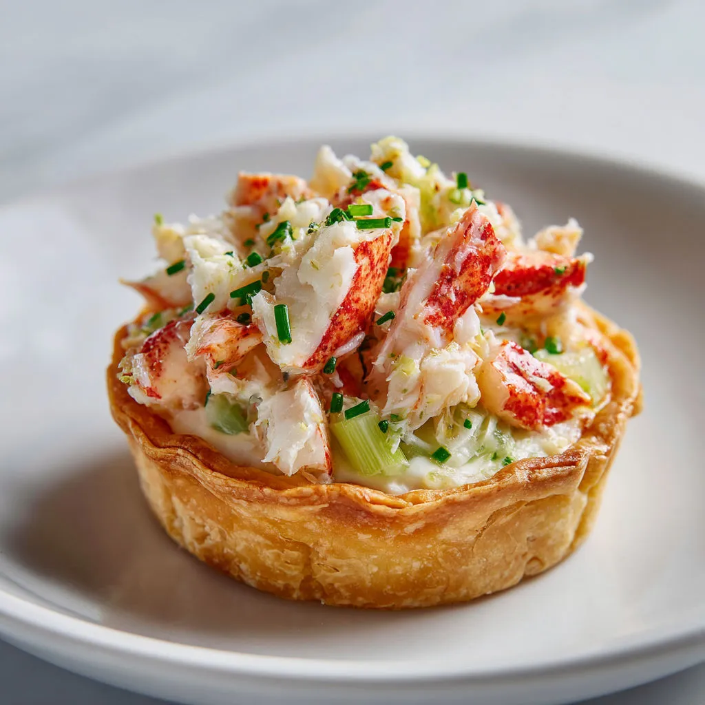 Une mini-tarte aux poireaux et au crabe posée sur une assiette.