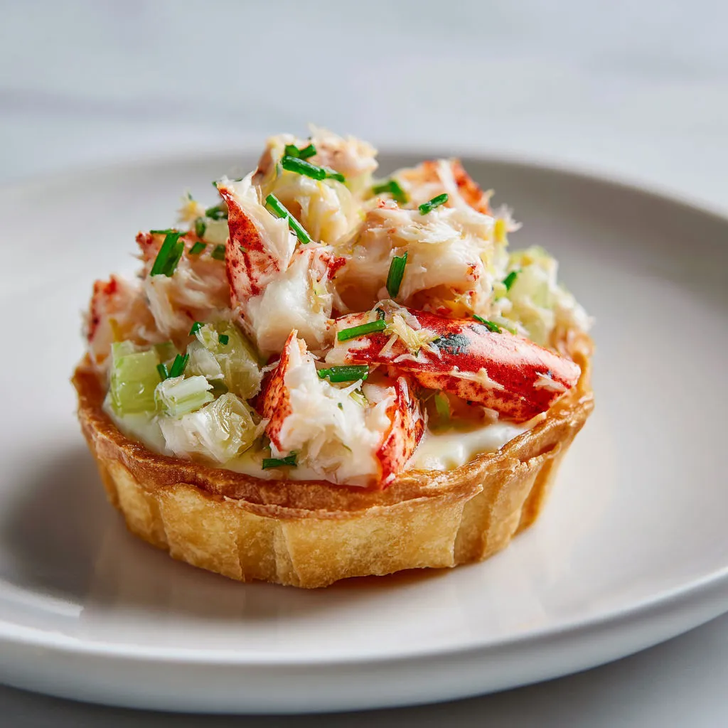 Une mini-tarte aux poireaux et au crabe posée sur une assiette.