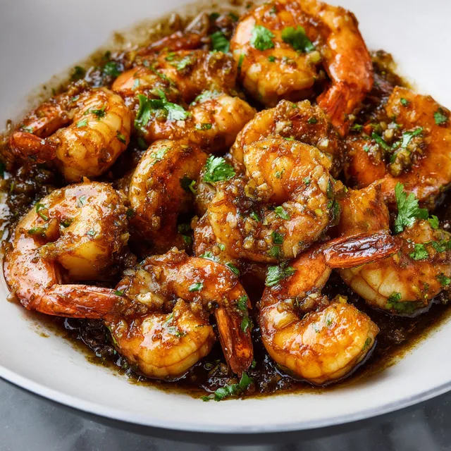 Un plat délicieux de crevettes sautées avec des épices, des herbes fraîches et une touche de coriandre.