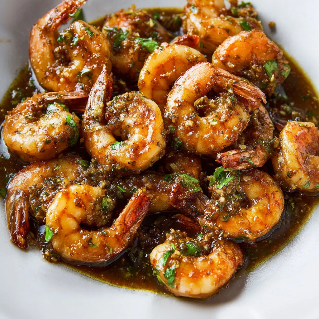 Une assiette de crevettes sautées nappées d’une sauce coriandre bien brillante.