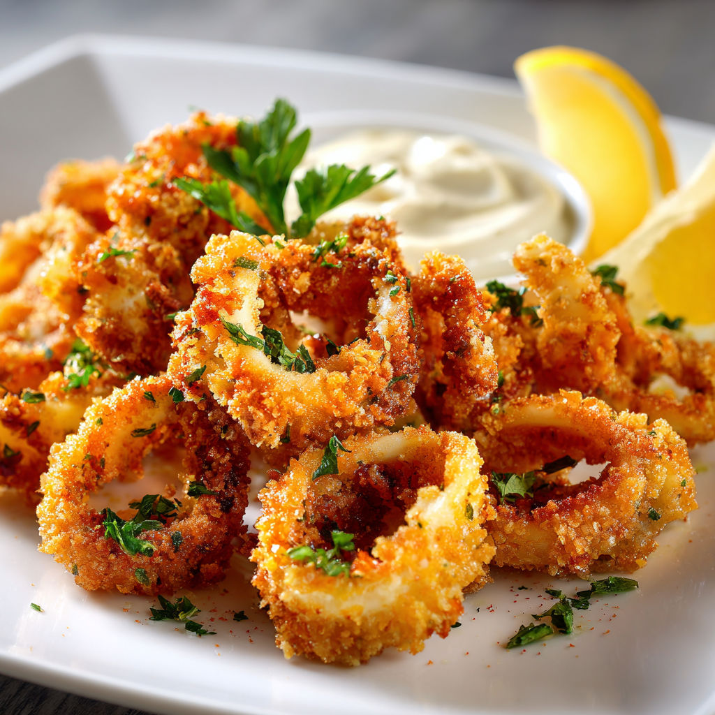 Calmars frits bien dorés servis avec une sauce aïoli maison au citron.