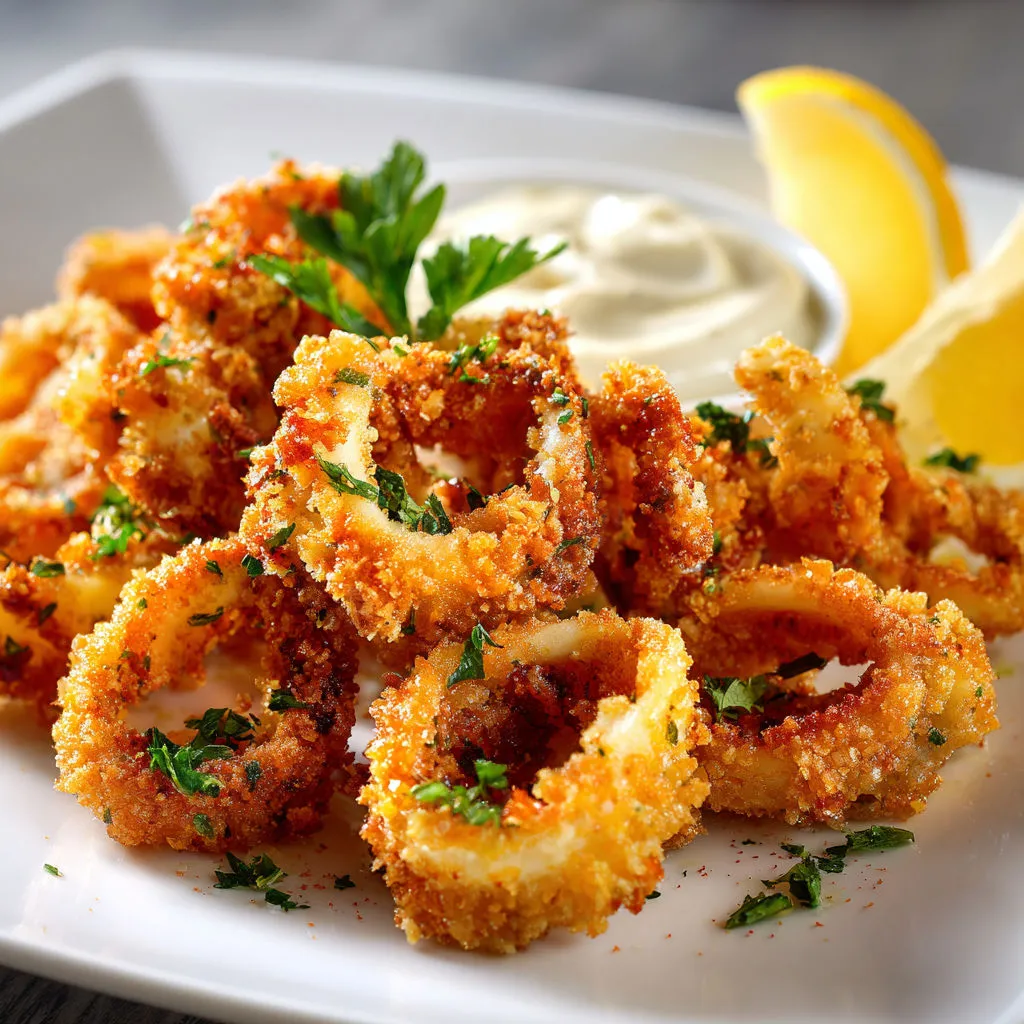 Calmars frits bien dorés servis avec une sauce aïoli maison au citron.