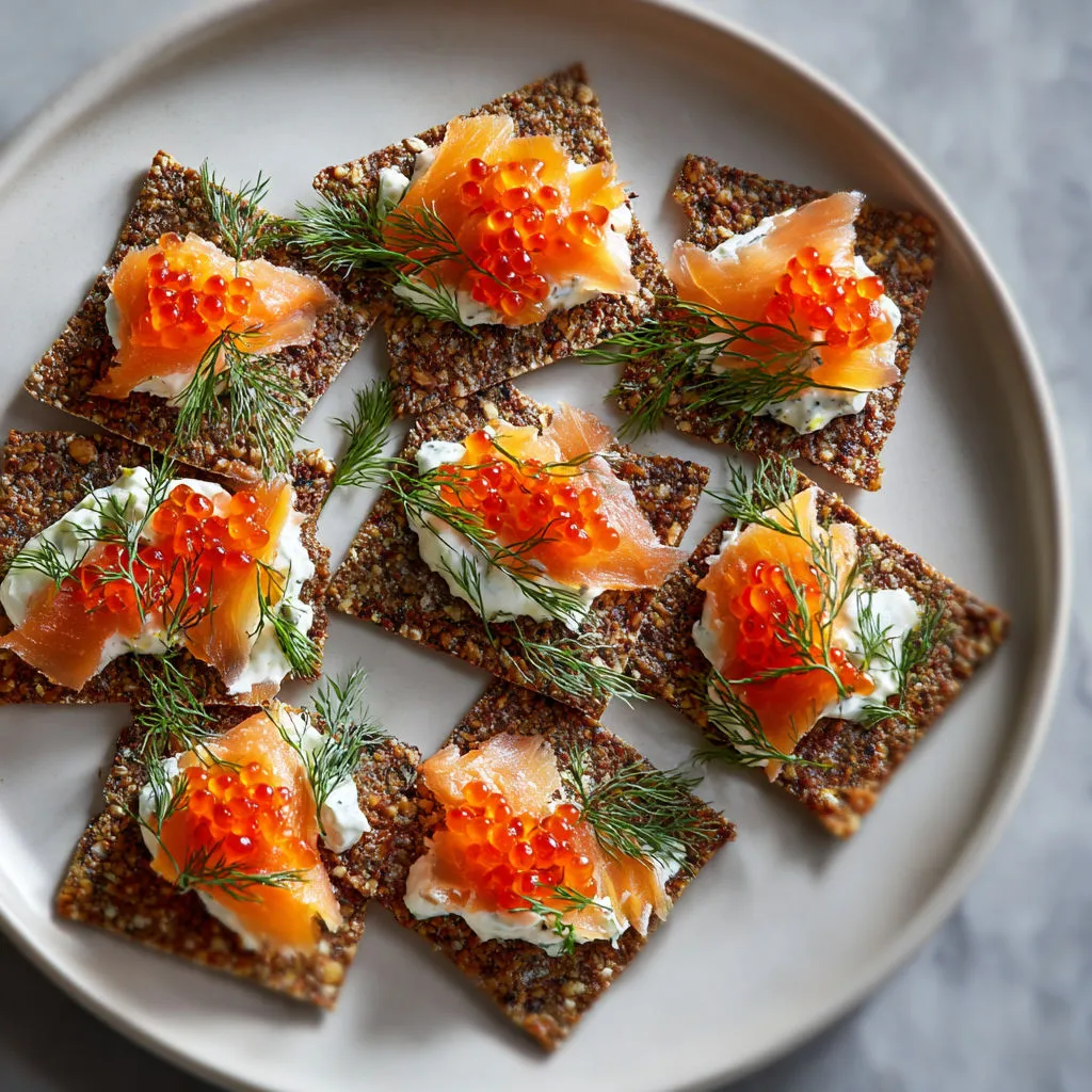 Crackers gourmands crêpes croustillantes, flétan fumé et œufs de saumon.