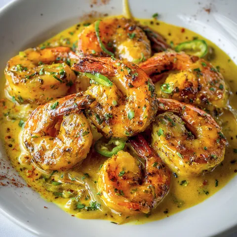 Une assiette de crevettes nappées de sauce moutarde, accompagnée de légumes et d'épices, prête à déguster.