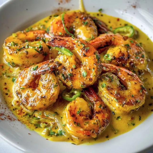 Une assiette de crevettes nappées de sauce moutarde, accompagnée de légumes et d'épices, prête à déguster.