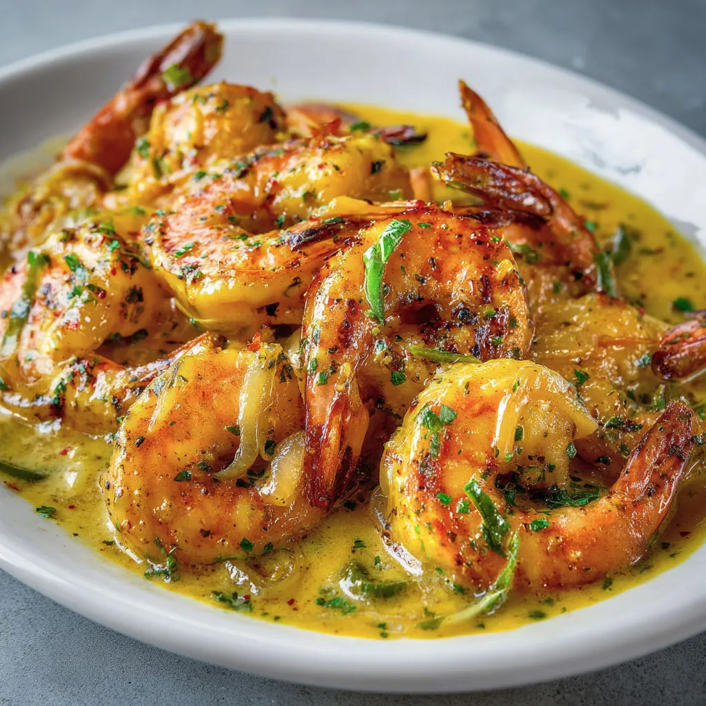 Crevettes dorées à la moutarde, ail et piment, sauce onctueuse au vin blanc.