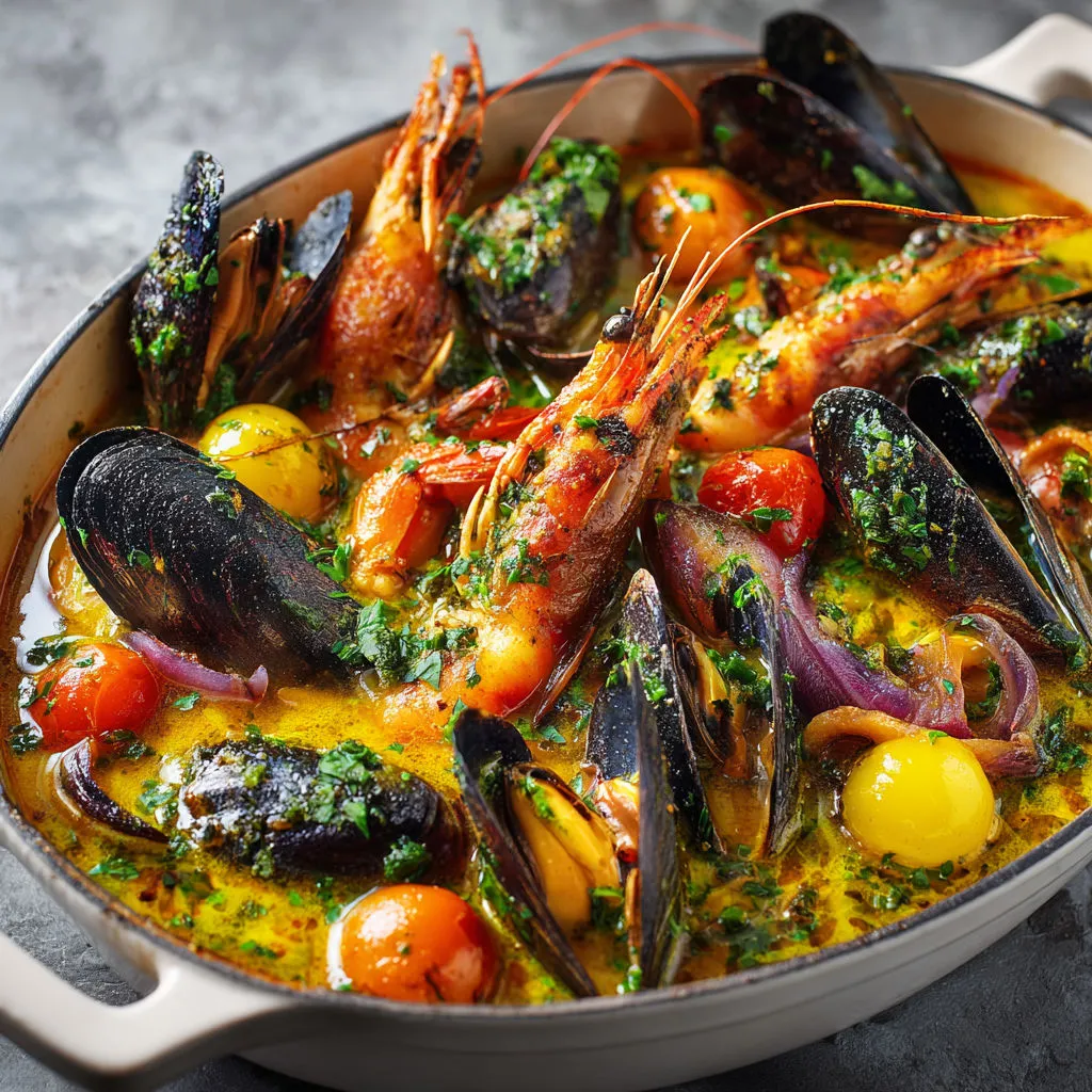 Fruits de mer savoureux au safran dans un bol rustique.