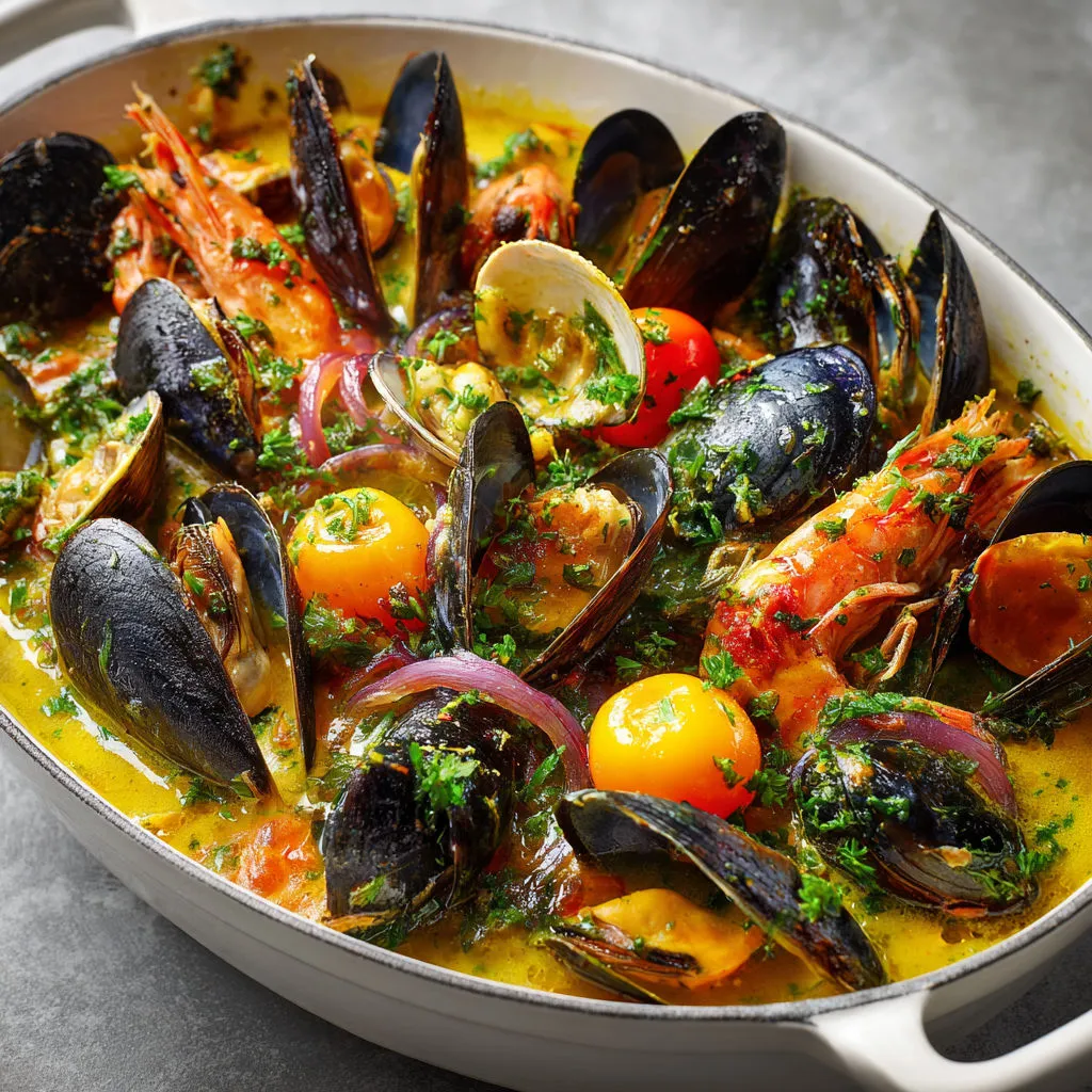 Fruits de mer au safran dans leur bouillon, vin blanc, légumes croquants.