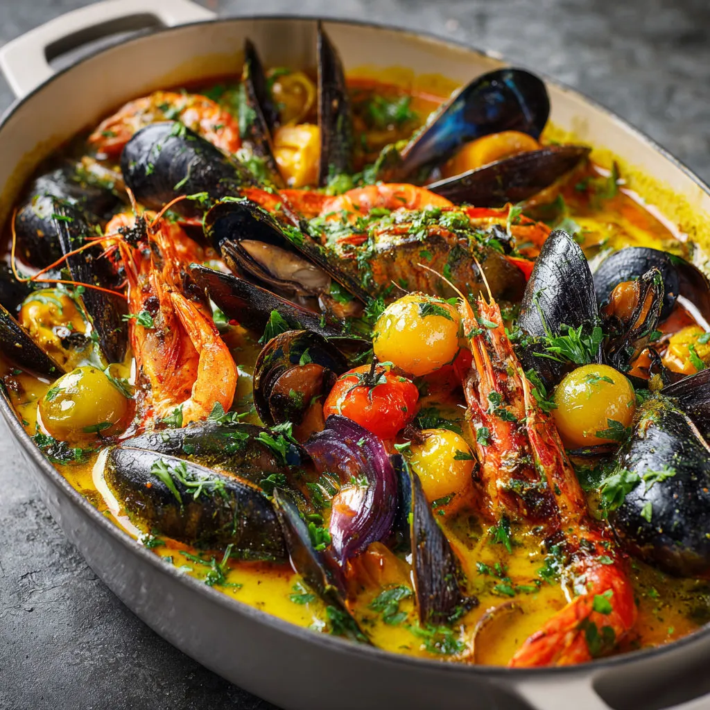 Fruits de mer safranés avec moules, palourdes et langoustines dans la marmite.