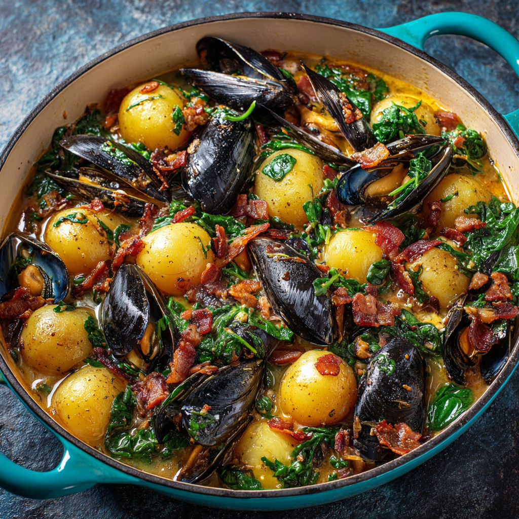 Plat gourmand de moules et pommes de terre, enrichi de bacon et d’une touche de légumes.