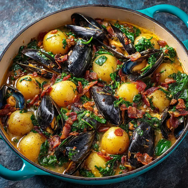 Plat gourmand de moules et pommes de terre, enrichi de bacon et d’une touche de légumes.