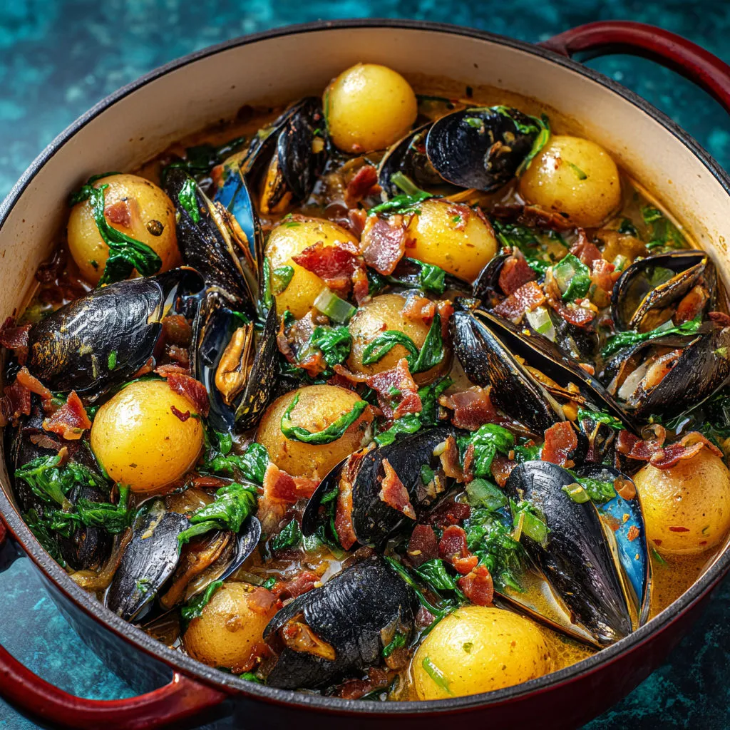 Grand faitout de moules, pommes de terre, lardons grillés et bouillon au cidre.