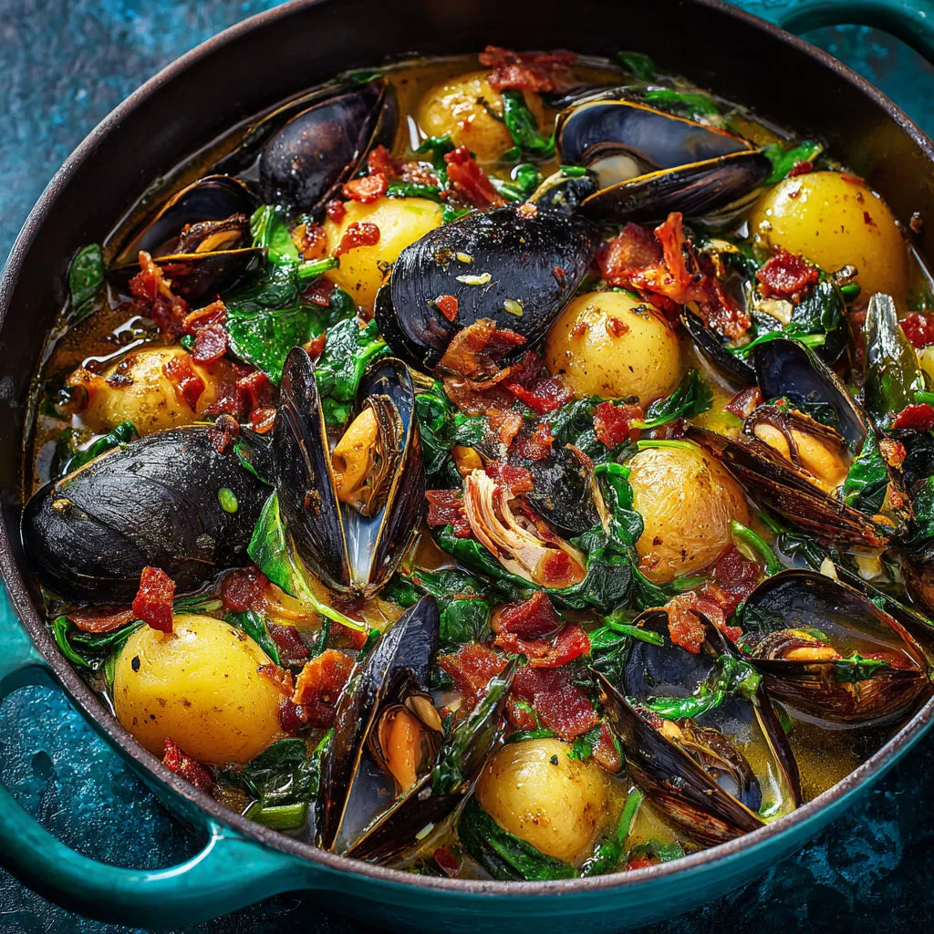 Moules fondantes, pommes de terre et épinards nappés d’un bouillon clair au cidre.