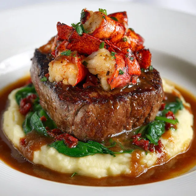 Un mélange savoureux de filet de bœuf, homard et légumes.