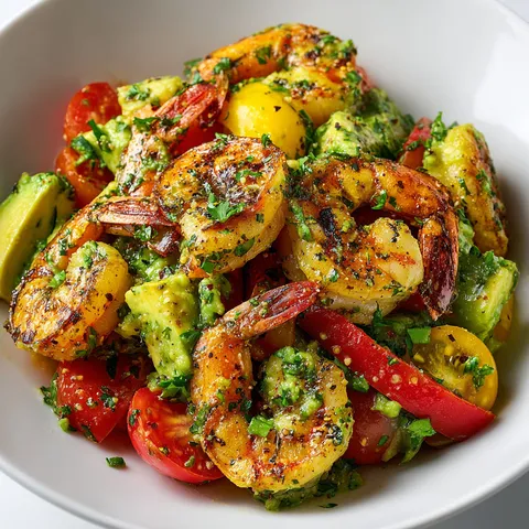 Un plat de délicieuses crevettes grillées posées sur une salade éclatante d'avocat avec tomates et herbes fraîches.