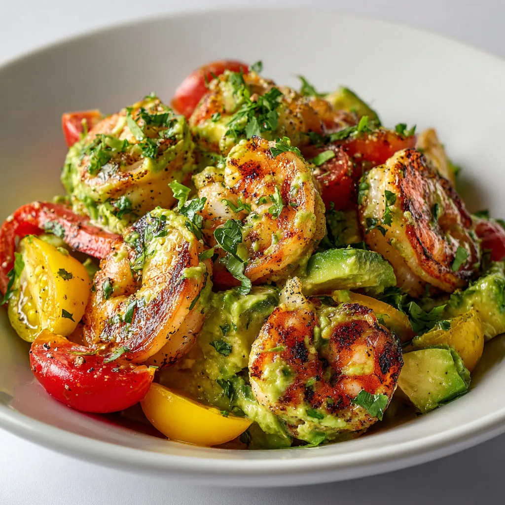 Grande assiette de crevettes grillées et salade fraîche avocat-coriandre-citron vert.