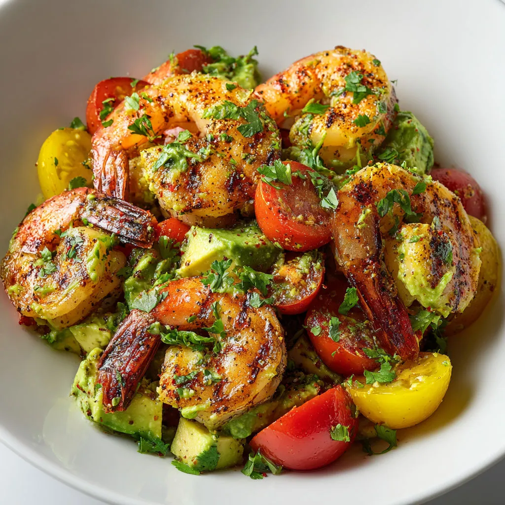 Assiette avec salade d’avocat, crevettes grillées, citron vert et légumes croquants.