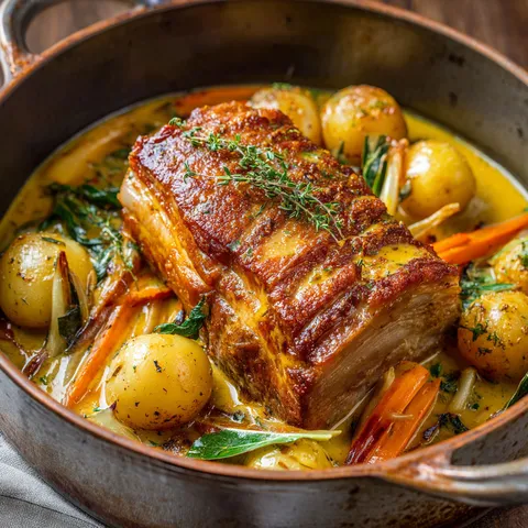 Un savoureux rôti de cochon de lait, accompagné de légumes et de sauce