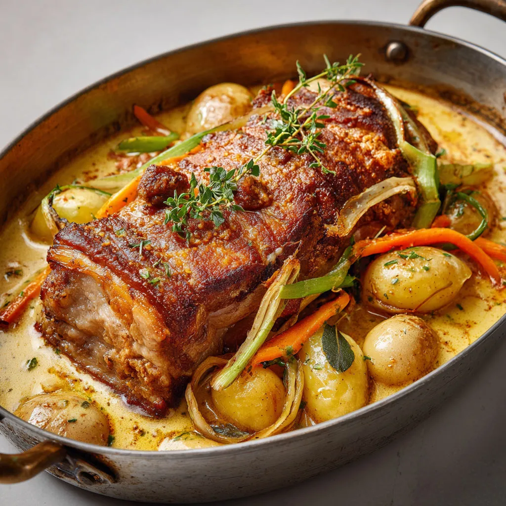 Porc de lait à la moutarde ancienne et légumes fondants façon julienne.
