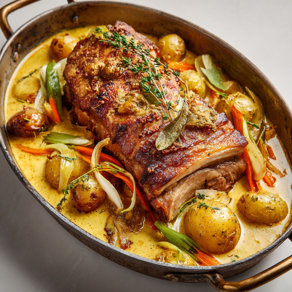 Porc de lait mijoté au vin blanc, moutarde et légumes coupés fins bien crémeux.
