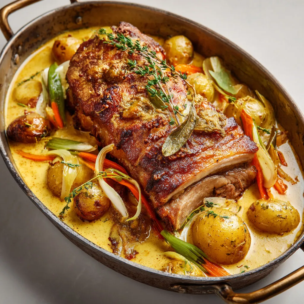 Porc de lait mijoté au vin blanc, moutarde et légumes coupés fins bien crémeux.