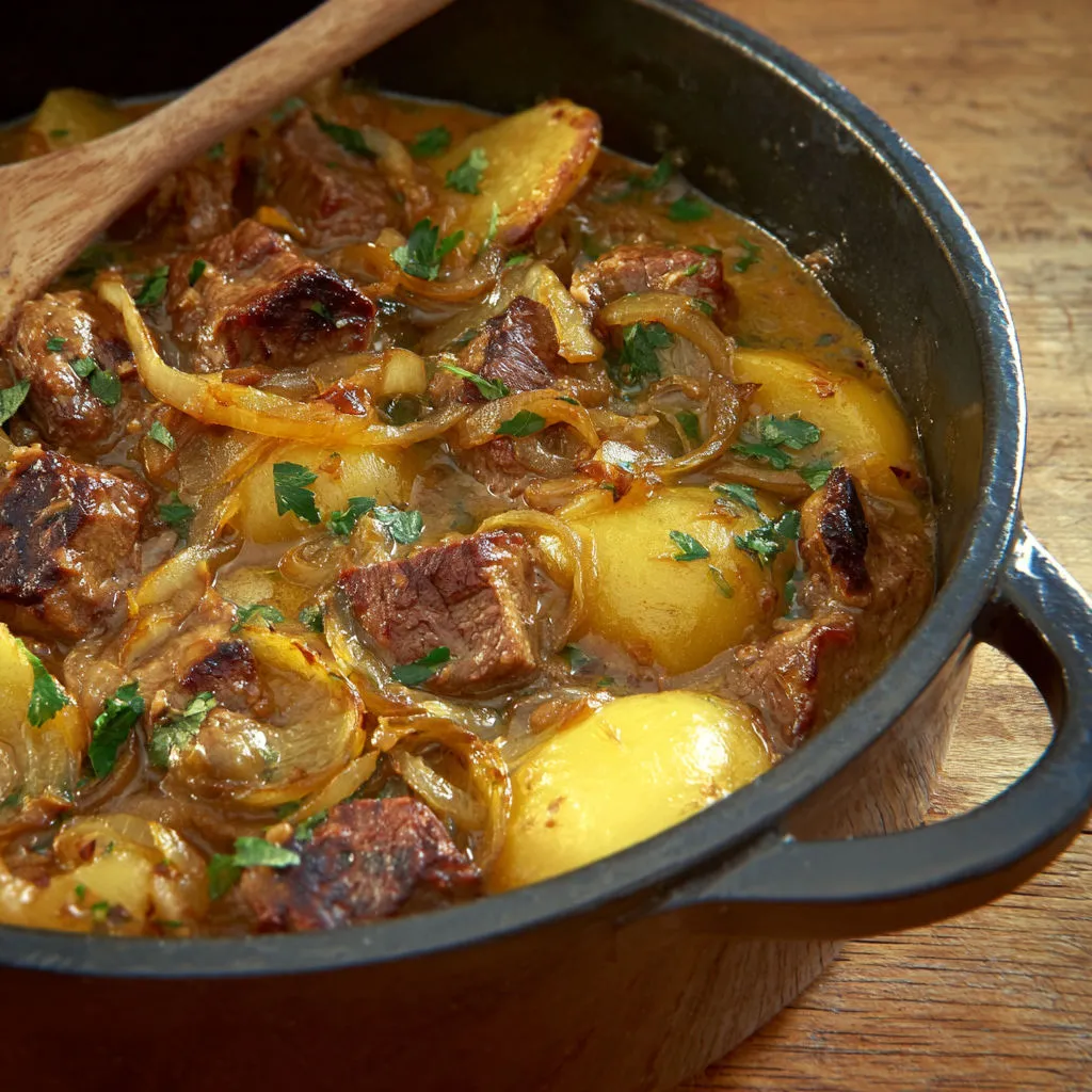 Cocotte d’agneau façon baeckeoffe, pommes de terre bien fondantes et épices douces.