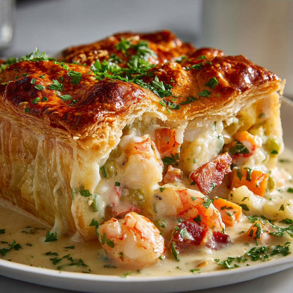 Tourte dorée aux saveurs marines des îles de la Madeleine, avec homard et pétoncles.