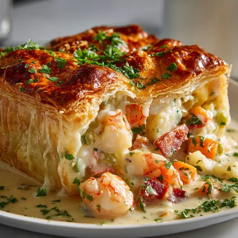 Tourte dorée aux saveurs marines des îles de la Madeleine, avec homard et pétoncles.