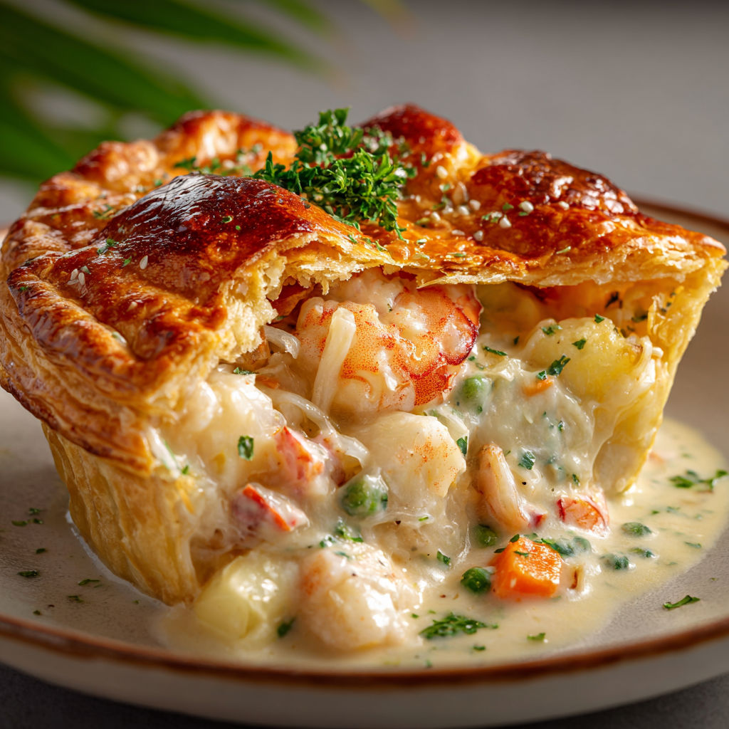 Tourte des îles généreuse aux fruits de mer et pâte maison dorée.