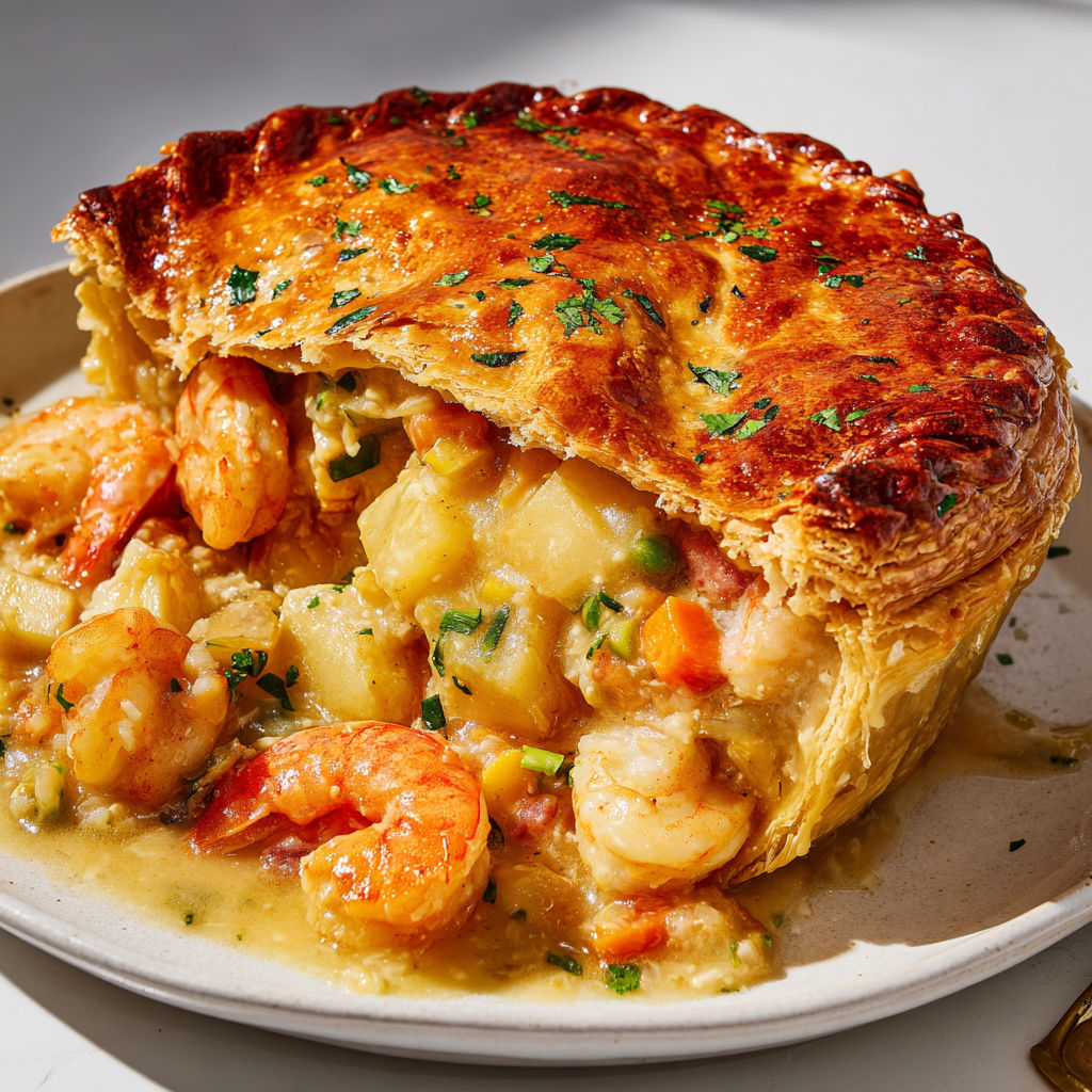 Tourte de la mer québécoise aux crustacés et croûte maison dorée à souhait.