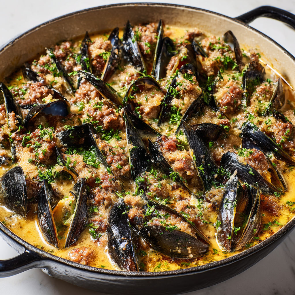 Casserole de moules avec saucisse et herbes fraîches.