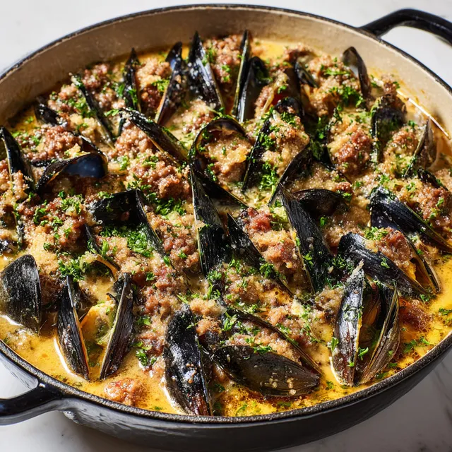 Casserole de moules avec saucisse et herbes fraîches.