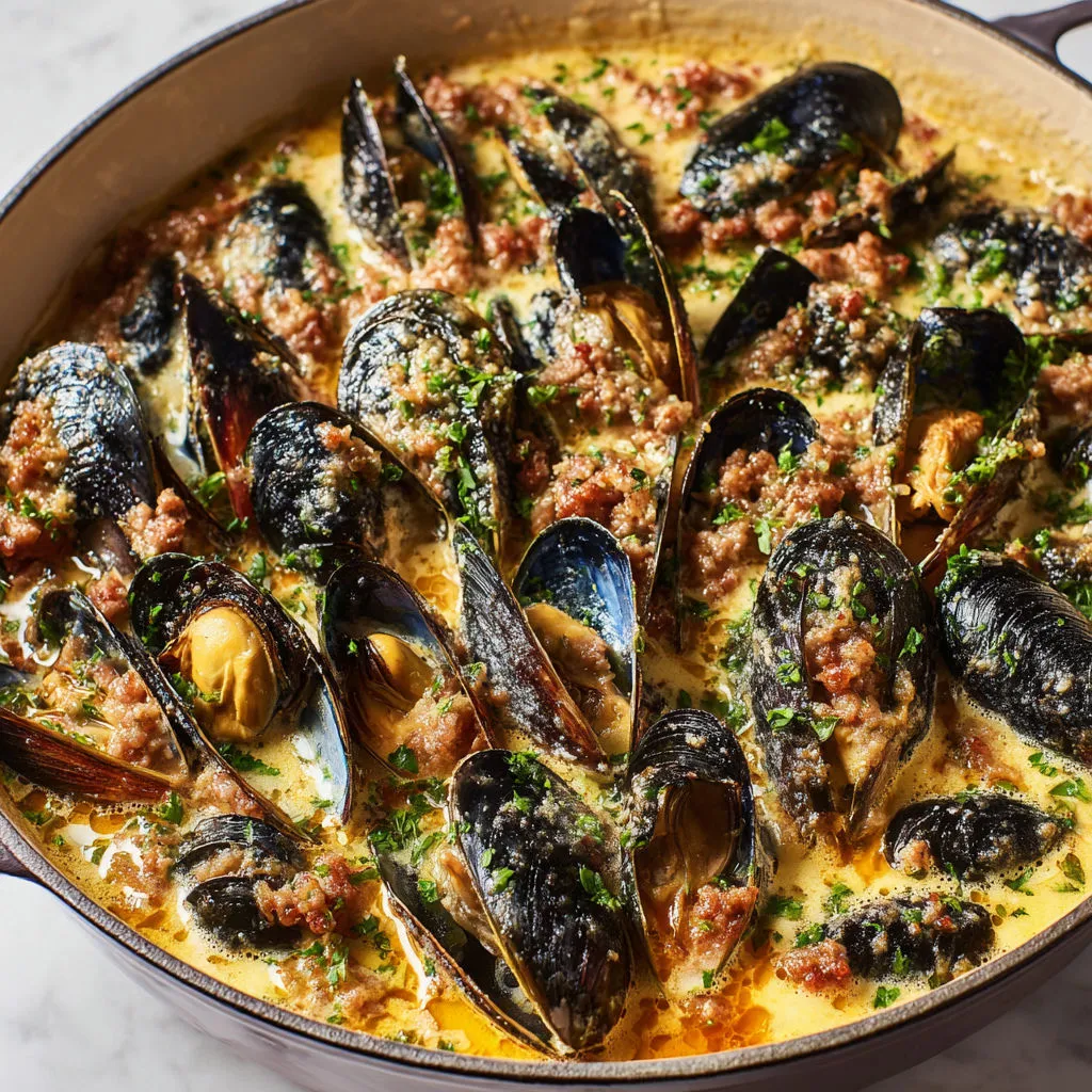 Moules fondantes associées à la saucisse, jambon sec et vin blanc plein de parfum.