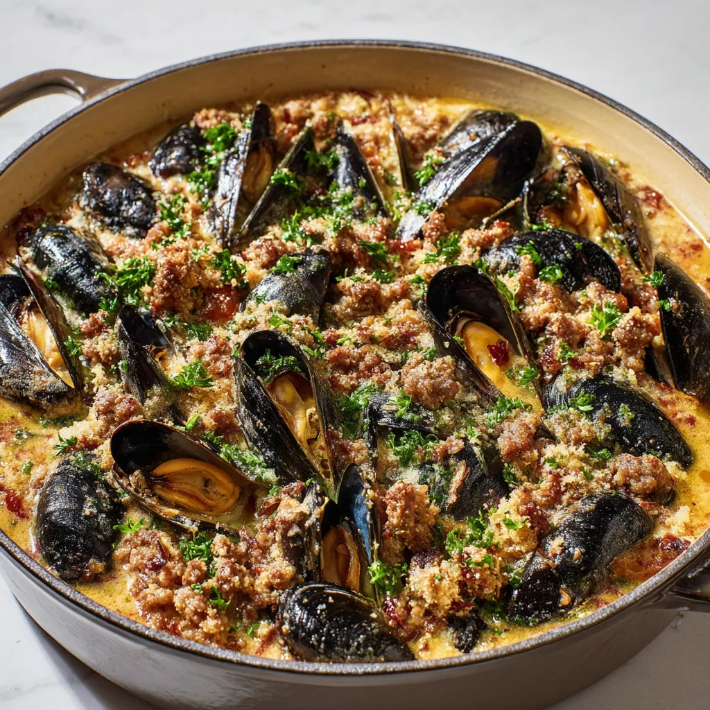 Plat de moules rustiques à la saucisse, chapelure croustillante et sauce au vin blanc.