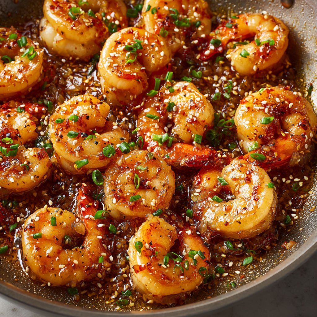 Crevettes caramélisées avec sésame et miel, inspiration asiatique.