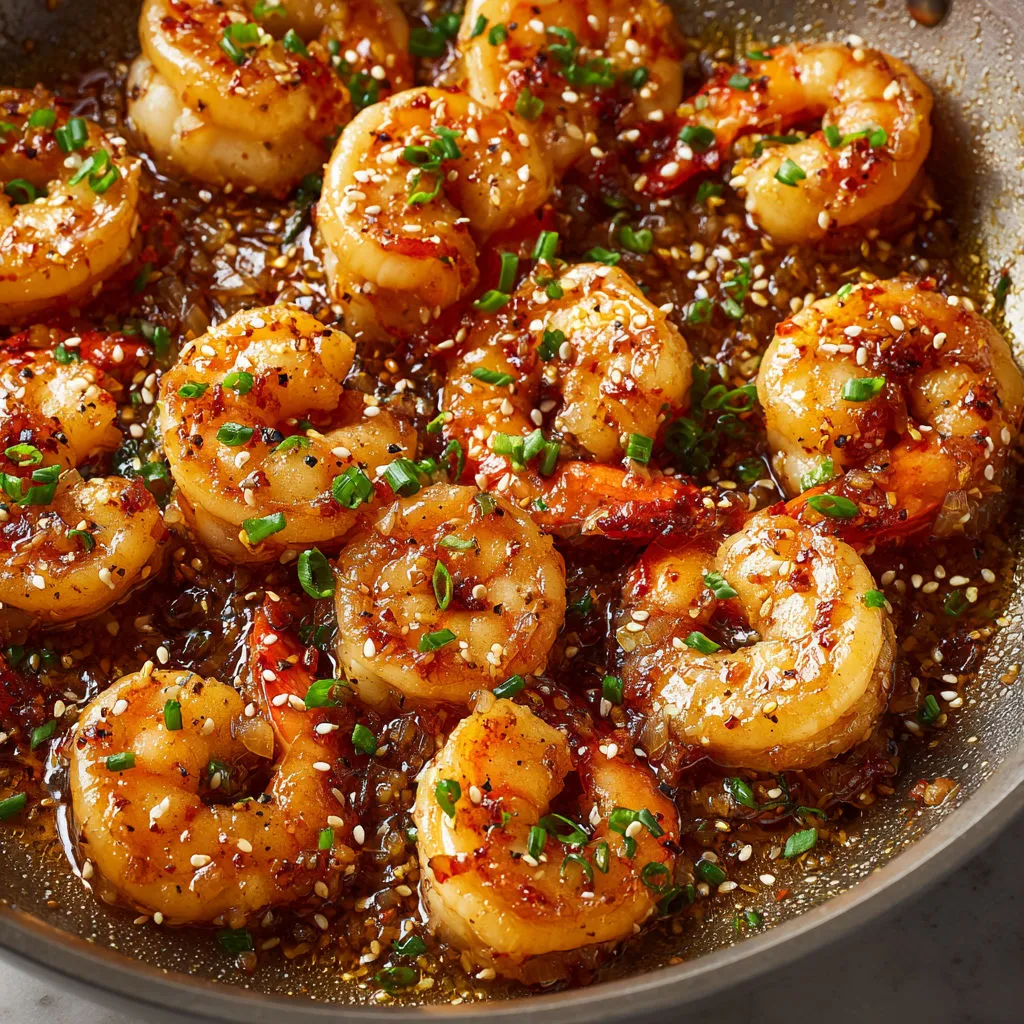 Crevettes caramélisées avec sésame et miel, inspiration asiatique.