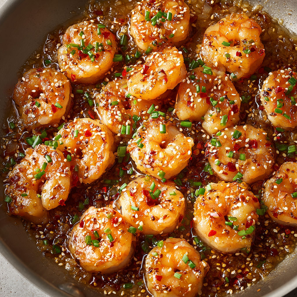 Crevettes miel-sésame – crevettes poêlées dans une sauce miel et sésame.