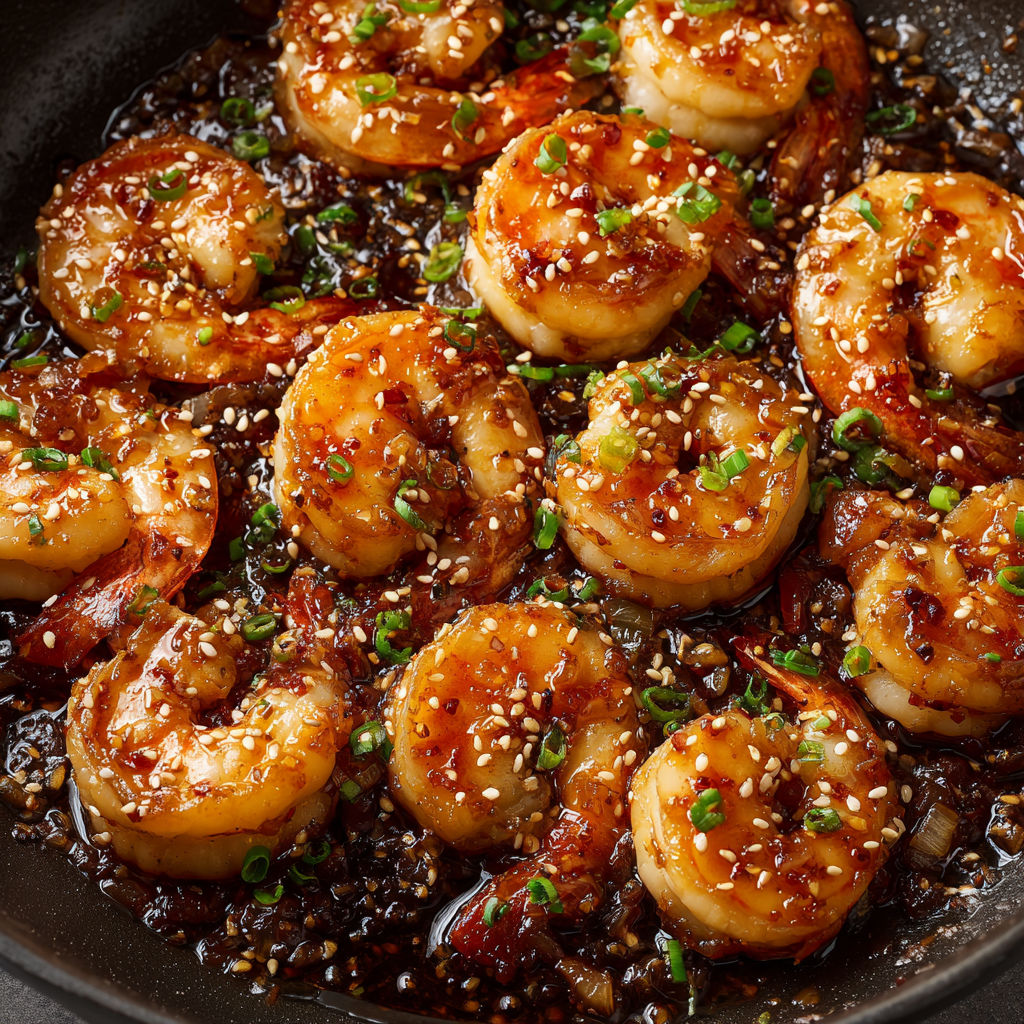 Crevettes brillantes au miel et citron vert, sauce sucrée-salée au sésame et piment doux.